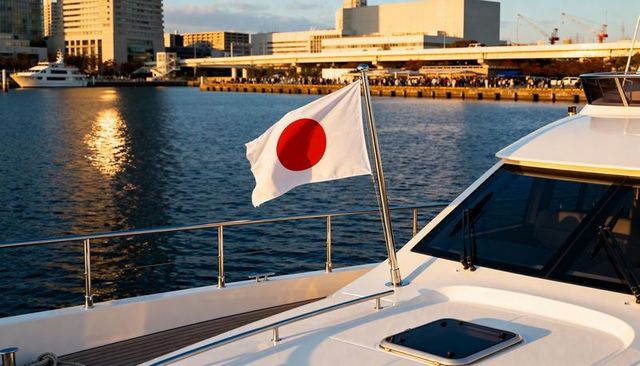 Japanese flag flying from luxury yacht deck at sunset marina waterfront