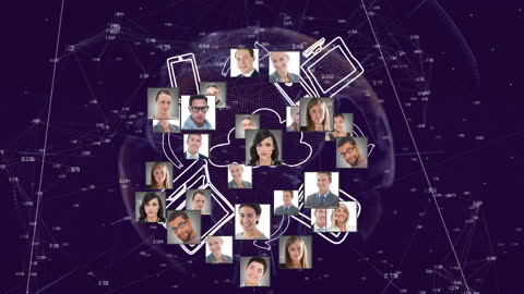 Global Network of Profile Icons Over Rotating Digital Globe