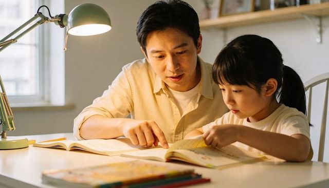 Father guiding daughter through homework under green desk lamp, focused evening tutoring