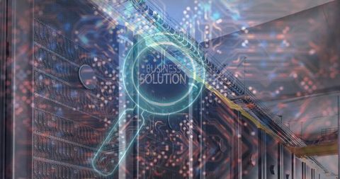 Futuristic lens magnifying business solutions in server room