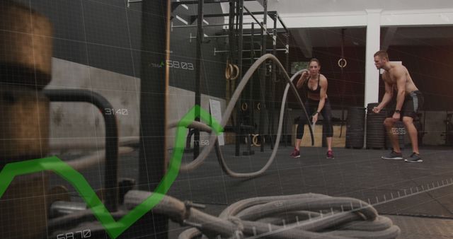 Man and Woman Battling Ropes in Gym with Data Graph Overlay - Download Free Stock Images Pikwizard.com