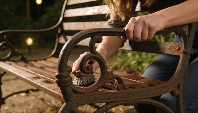 Scrubbing rusty cast-iron garden bench closeup hands restoring ornate metal at dusk