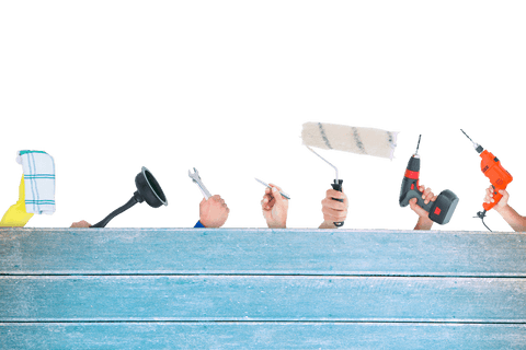 Hands holding assorted tools on transparent background