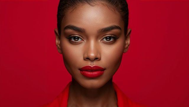 Confident woman wearing red lipstick and blazer closeup beauty headshot
