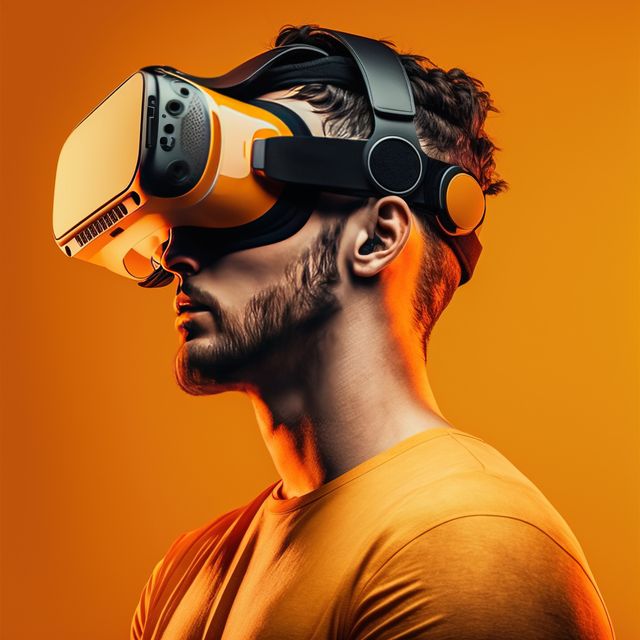 Man Experiencing Virtual Reality with VR Headset in Futuristic Setting - Download Free Stock Images Pikwizard.com