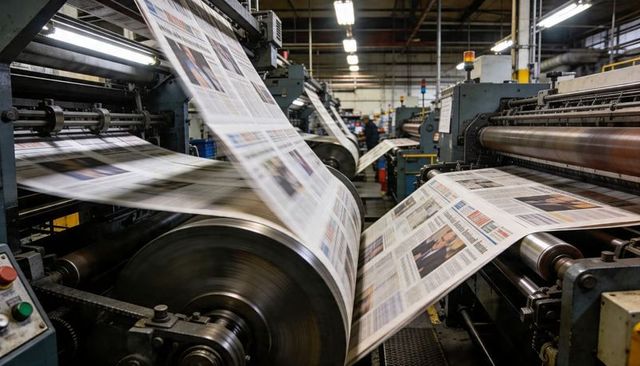 High-speed web-fed press printing newspaper pages on rotary industrial press