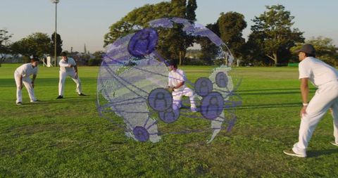 Cricketers fielding at wicket wearing whites and wicketkeeper gloves under augmented reality globe