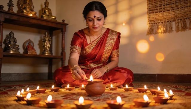 Indian woman in red saree lighting clay diyas during diwali prayer ritual at home