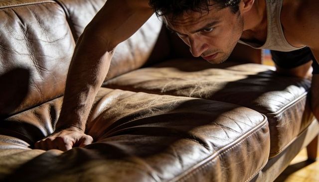 Leaning man gripping leather couch cushion during intense home workout