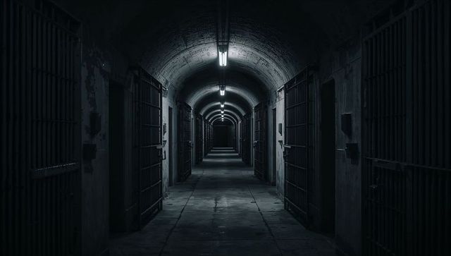 Dark Arched Prison Corridor Underground Exploring Dystopian Architecture