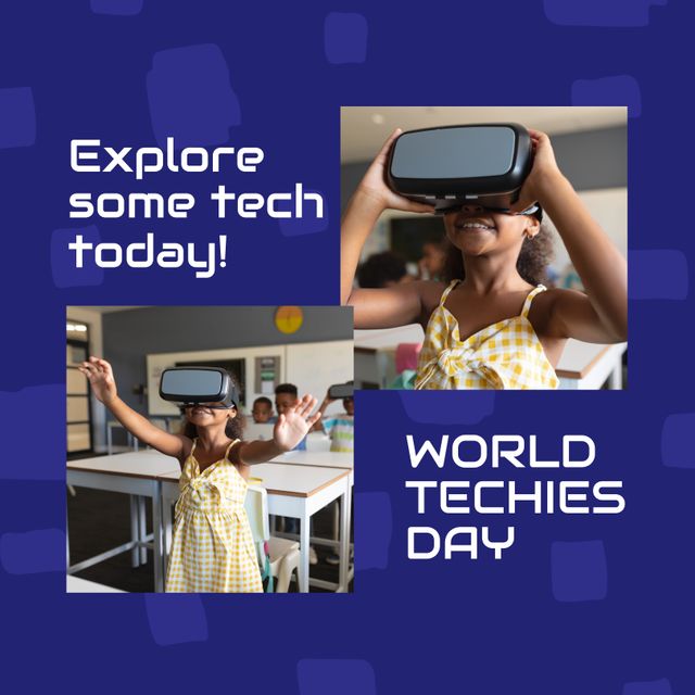 Digital composite image of biracial girl enjoying virtual reality with world techies day text. Celebration, encouragement, career in technology, opportunities, awareness, advancement.