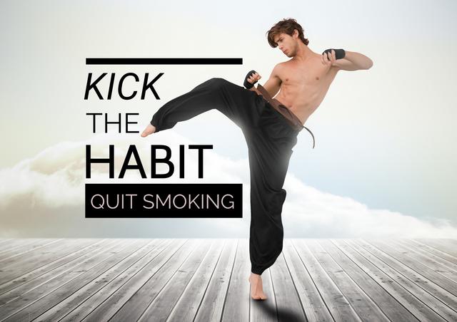 Digital composition of karate man kicking with quit smoking text against sky background