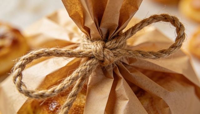 Kraft-wrapped pastry tied with jute twine bow showcasing glazed top and rustic artisanal packaging