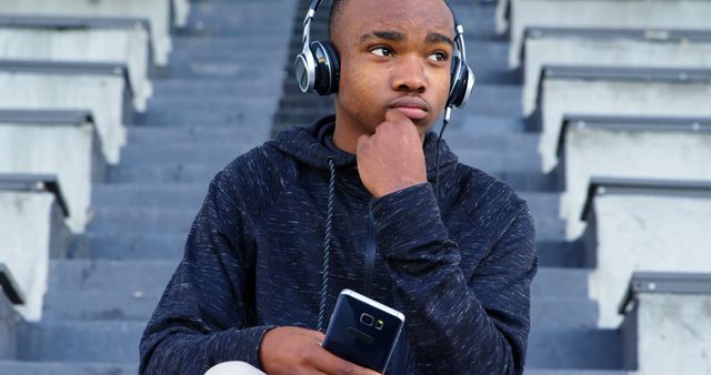 Young Man Sitting on Staircase with Headphones and Smartphone - Download Free Stock Images Pikwizard.com