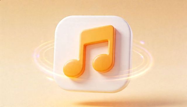 Floating 3d music app icon rotating with glowing rings over warm beige background