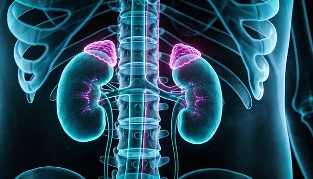 Highlighting kidneys and adrenal glands over lumbar spine in translucent torso illustration
