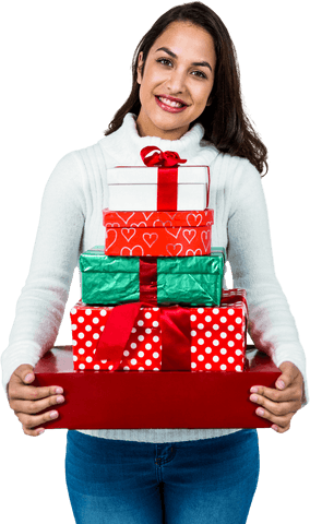 Smiling Woman Holding Vibrant Holiday Gift Boxes on Transparent Background