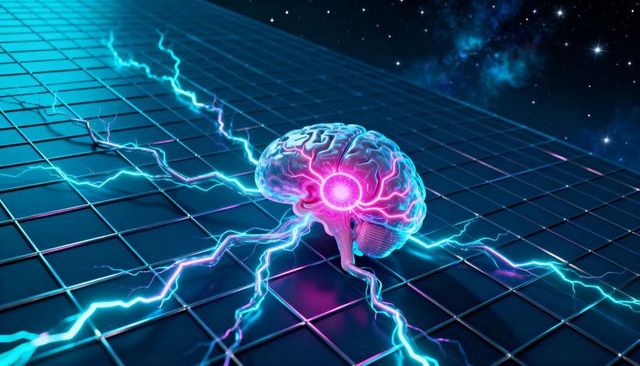 Neon Brain with Magenta Core Radiating Electric Cyan Arcs on Reflective Grid, Futuristic AI