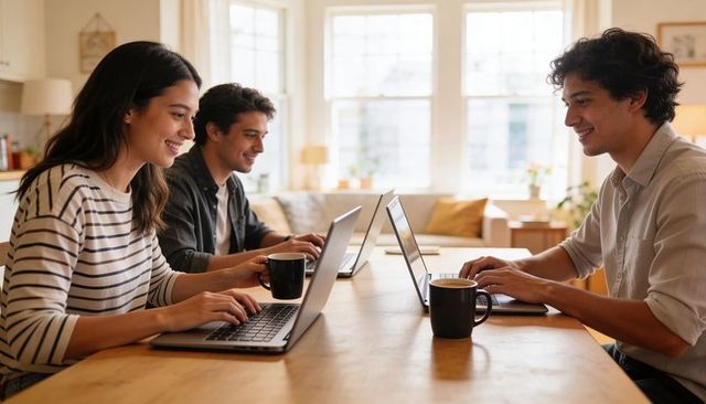 Remote team working at bright home table with laptops and coffee, collaborating on projects
