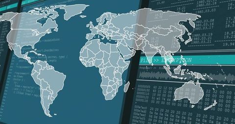 Global cyber threat dashboard with world map overlay and encrypted data streams