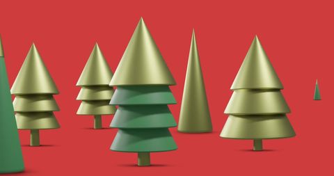 Festive cone-shaped christmas trees on vibrant red background