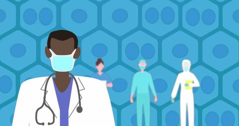 Healthcare Professionals in Medical Setting with Geometric Background