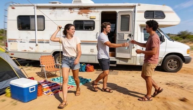 Friends camping by vintage rv sharing water, pitching tent and enjoying sunny road trip
