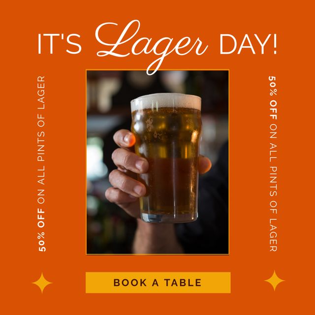 Hand of caucasian man holding lager pint and it's lager day, 50percent off on all pints of lager. Text, composite, book a table, beer, alcohol and celebration concept.
