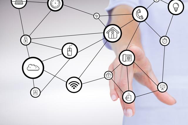 Hand Touching Network of Technology Icons on Abstract Background - Download Free Stock Photos Pikwizard.com
