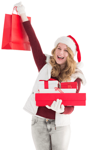 Festive Blonde Excited with Transparent Christmas Gifts and Shopping Bag