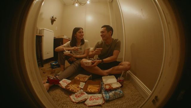 Couple sharing fast-food meal sitting on carpeted hallway floor laughing together