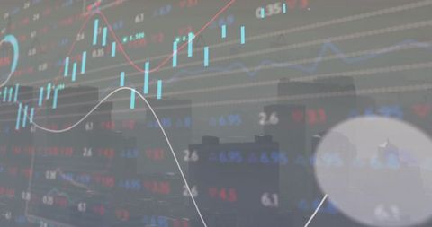 City skyline showing candlestick trading chart overlay with analytics lines