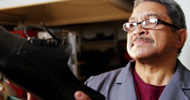 Adult Male Wearing Glasses Examining Black Dress Shoe in Workshop - Download Free Stock Images Pikwizard.com