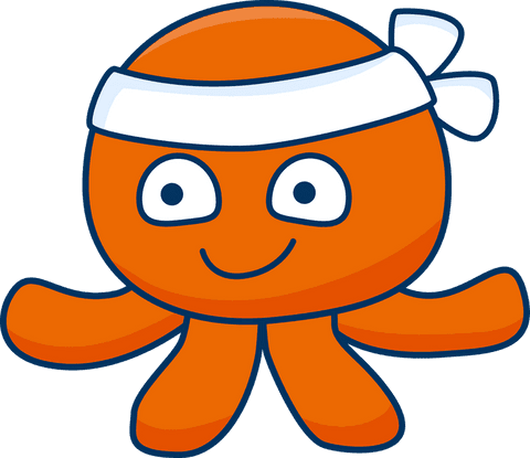 Whimsical orange octopus mascot with blue eyes on transparent background