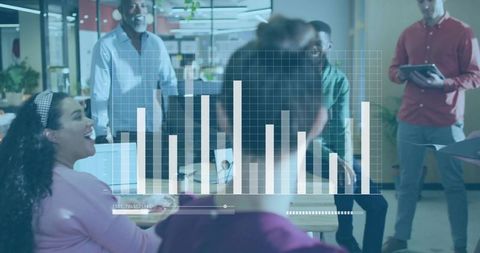 Team Collaborating Around Desk with Bar Chart Data Visualization Overlay in Modern Office