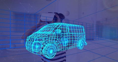 Vr headset user exploring 3d van hologram at home interface