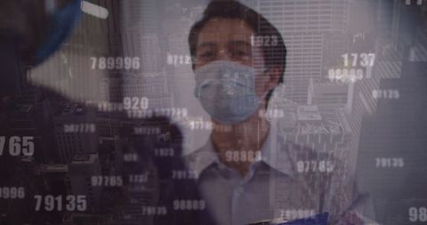 Masked Professionals Analyzing Digital Data Cityscape Fusion - Download Free Stock Images Pikwizard.com