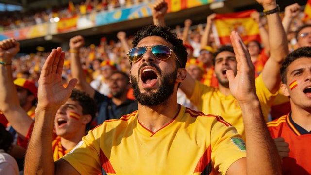 Passionate football fan shouting and cheering in yellow jersey with sunglasses and face paint