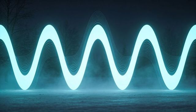 Glowing cyan sine wave ribbon hovering over frost field night mist tree silhouettes