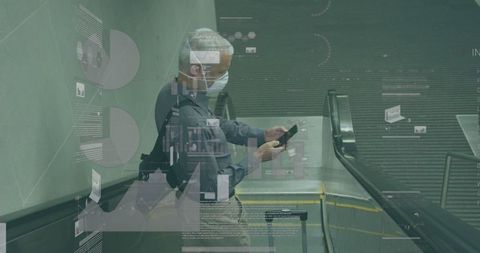 Elderly man navigating metro with augmented reality data overlays