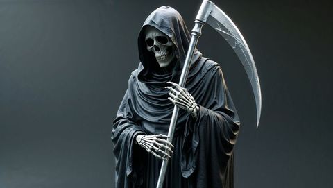 Skeletal Grim Reaper Holding Scythe in Dark Cloak