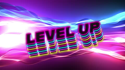 Dynamic Level Up Text with Colorful Wave Patterns Background