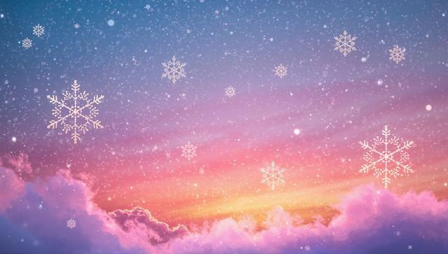 Dreamlike pastel sunset with floating ornate snowflakes and ethereal soft pink cloudscape