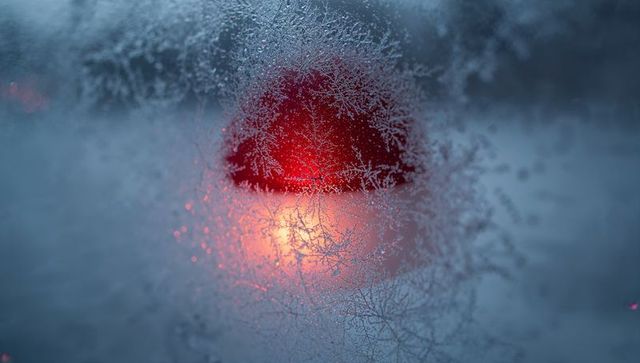 Frosted window revealing warm red-orange glow through dendritic ice crystals nighttime