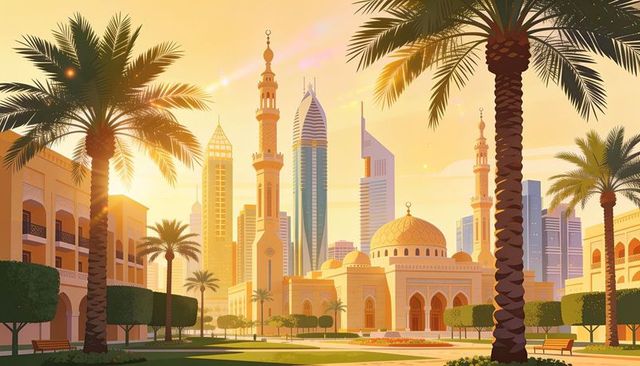 Bathing grand mosque courtyard in golden light, framing modern skyscraper skyline at sunrise