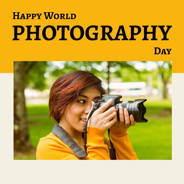 Happy World Photography Day with Smiling Woman Using Camera in Park - Download Free Stock Templates Pikwizard.com