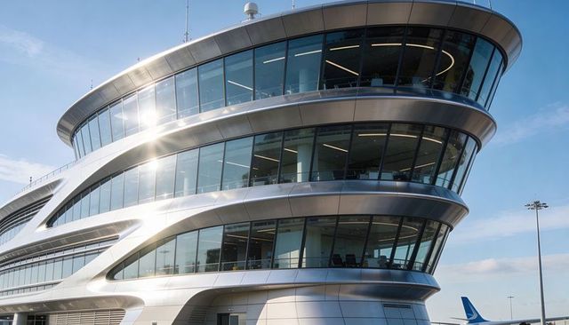 Curved multi-level airport terminal with glass facade and metallic cladding in daylight