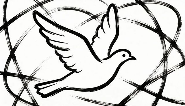 Flying stylized dove with circular ink brushstrokes and minimalist monochrome design
