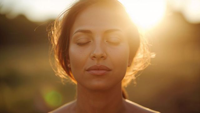 Serene freckled woman soaking golden hour sunlight with closed eyes and bare shoulders