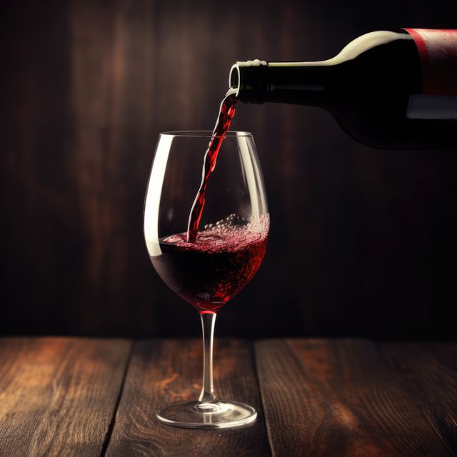 Red wine pouring into glass on wooden background, created using generative ai technology. Wine week, drink, alcohol and wine tasting awareness concept digitally generated image.